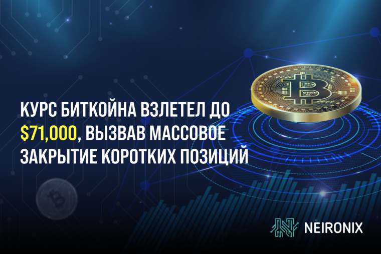 Курс биткойна взлетел до $71,000, вызвав массовое закрытие коротких позиций